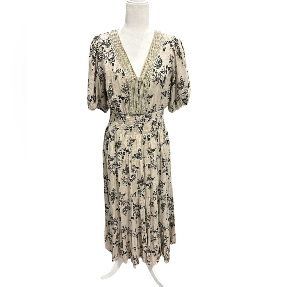 J. Gee Smocked Waist V-Neck Maxi Dress in Beige with Black Floral BoHo